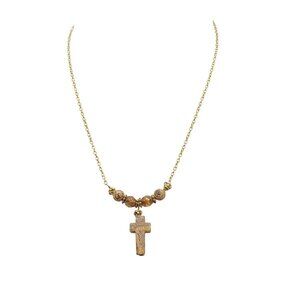 Gold-Plated Jasper Beaded Cross Pendant and Chain Necklace Vintage Style